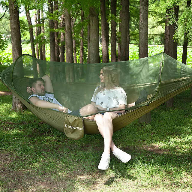 Hamak z moskitierą inSPORTline Hamacoon ∙ 270 x 140 cm ∙  nośność 200 kg ∙ waga 846 g ∙ dla 2 osób ∙ pokrowiec, taśmy i karabińczyki w zestawie