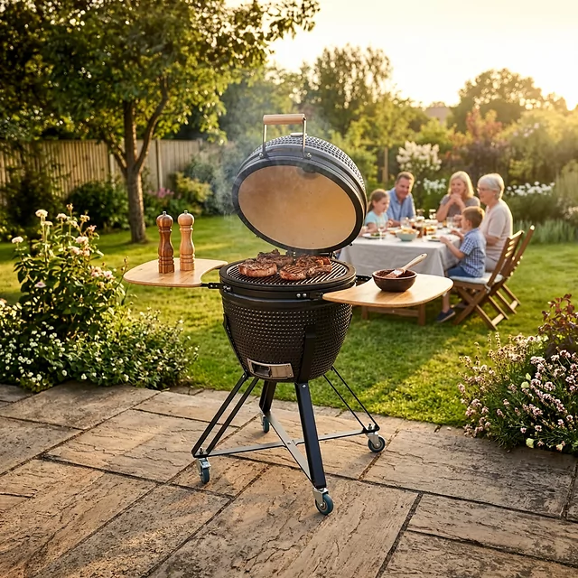 Ceramiczny grill kamado inSPORTline Pyrexo 21 ∙ bambusowe półki boczne ∙ zintegrowany termometr ∙ kółka transportowe