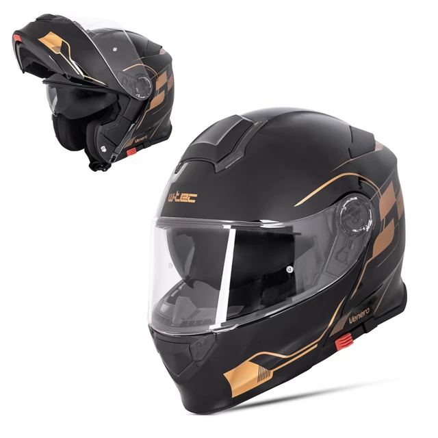 Kask motocyklowy szczękowy z blendą W-TEC Venero - Glossy Black-Gold - Glossy Black-Gold