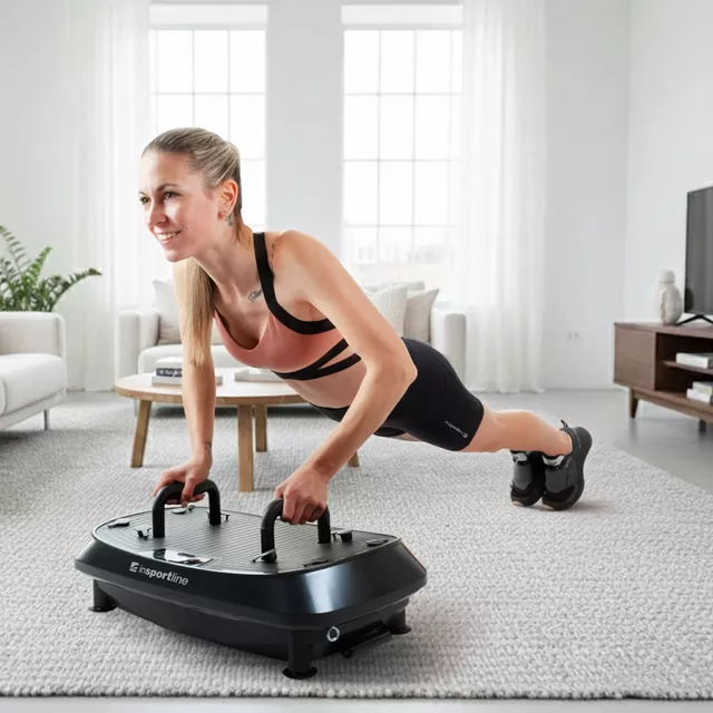 Dwupoziomowa platforma wibracyjna inSPORTline Duonique ∙ 3 wibracje ∙ 30 prędkości ∙ 6 programów ∙ pilot zdalnego sterowania ∙ nośność 100 kg ∙ ekspandery