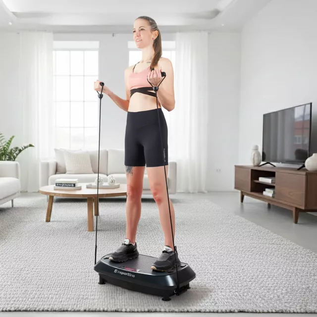 Dwupoziomowa platforma wibracyjna inSPORTline Duonique ∙ 3 wibracje ∙ 30 prędkości ∙ 6 programów ∙ pilot zdalnego sterowania ∙ nośność 100 kg ∙ ekspandery
