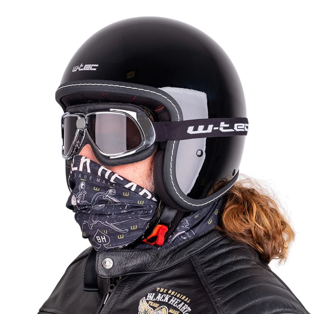 Kask motocyklowy na chopper W-TEC Badachos i gogle Atavist - Czarny błyszczący
