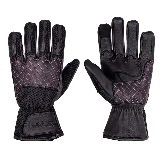 Damskie rękawice motocyklowe W-TEC Ladonna ∙ naturalna skóra ∙ mesh oddychający ∙ pikowane ∙ palec do ekranów - Czarno-różowy