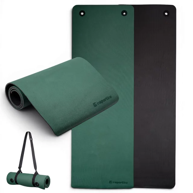 Mata do ćwiczeń inSPORTline Kikami 180x61x0,8 cm ∙ z otworami do zawieszenia ∙ antypoślizgowa ∙ z paskiem transportowym ∙ odporna na pot i wodę - ciemnozielono-czarny