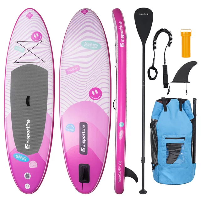 Paddleboard z akcesoriami deska SUP inSPORTline Wavelet 9'6" - Niebieski - Różowy