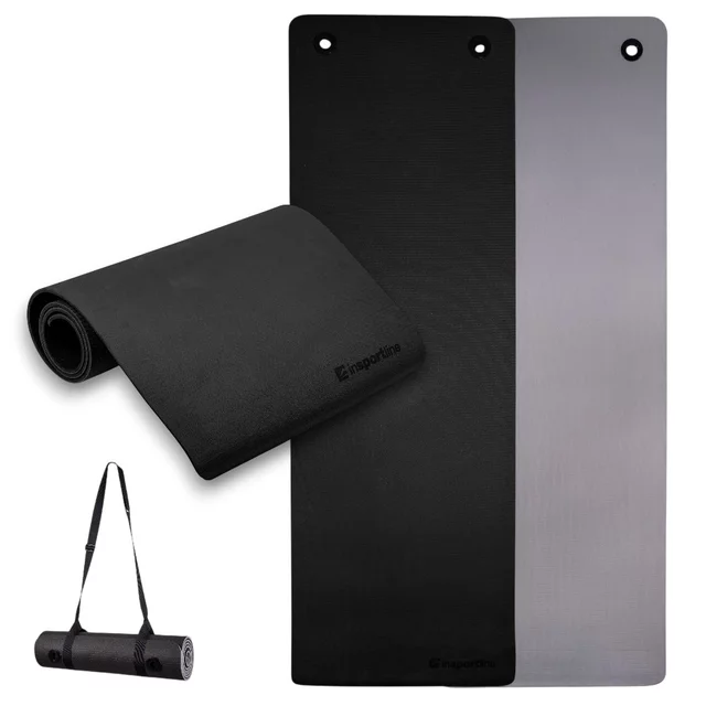 Mata do ćwiczeń inSPORTline Kikami 180x61x0,8 cm ∙ z otworami do zawieszenia ∙ antypoślizgowa ∙ z paskiem transportowym ∙ odporna na pot i wodę - Czarno-szary