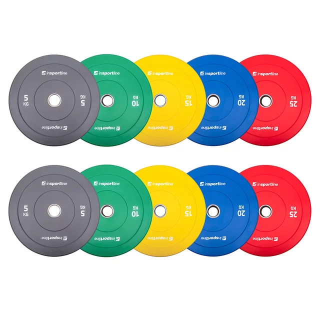 Zestaw 10 obciążeń olimpijskich inSPORTline Bumper Plate Go 2x 5-25 kg 50 mm ∙ stalowy rdzeń ∙ powłoka amortyzująca ∙ 150 kg