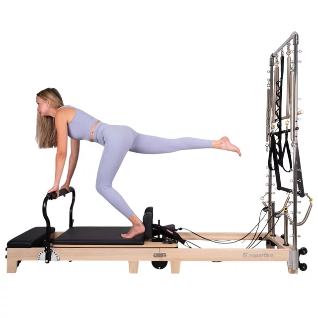 Reformer do pilatesu inSPORTline Driftaler ∙ nośność 120 kg ∙ rama dębowa ∙ składana ∙ z boxem w zestawie