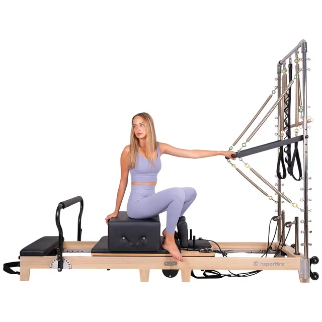 Wieża do reformera Pilates inSPORTline Driftaler ∙ nośność 100 kg ∙ drewniany drążek roll-down ∙ 8 sprężyn ∙ uchwyt V ∙ 53 oczka