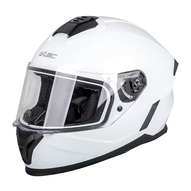 Kask integralny dziecięcy W-TEC Basmeck ∙ homologacja ∙ ABS ∙ zamykana wentylacja ∙ wyjmowana wyściółka ∙ zapięcie mikrometryczne - błyszczący biały