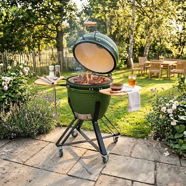 Ceramiczny grill kamado inSPORTline Pyrexo 18" ∙ termometr ∙ bambusowe półki ∙ kółka transportowe ∙ pokrowiec ochronny