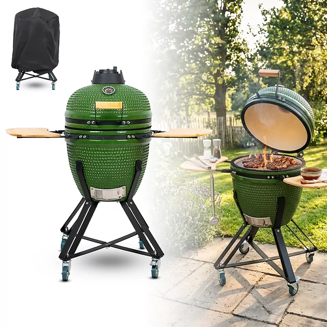 Ceramiczny grill kamado inSPORTline Pyrexo 18" ∙ termometr ∙ bambusowe półki ∙ kółka transportowe ∙ pokrowiec ochronny