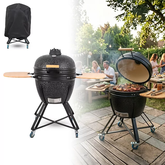 Ceramiczny grill kamado inSPORTline Pyrexo 24"∙ wbudowany termometr ∙ bambusowe półki boczne ∙ kółka transportowe ∙ pokrowiec ochronny
