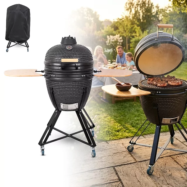 Ceramiczny grill kamado inSPORTline Pyrexo 21 ∙ bambusowe półki boczne ∙ zintegrowany termometr ∙ kółka transportowe