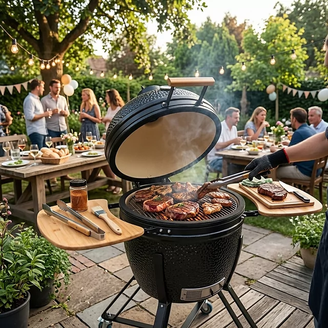 Ceramiczny grill kamado inSPORTline Pyrexo 24"∙ wbudowany termometr ∙ bambusowe półki boczne ∙ kółka transportowe ∙ pokrowiec ochronny