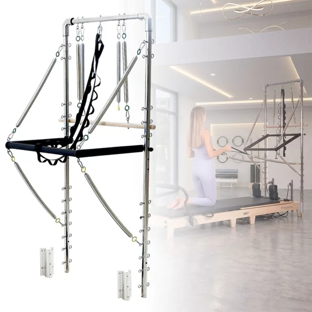 Wieża do reformera Pilates inSPORTline Driftaler ∙ nośność 100 kg ∙ drewniany drążek roll-down ∙ 8 sprężyn ∙ uchwyt V ∙ 53 oczka