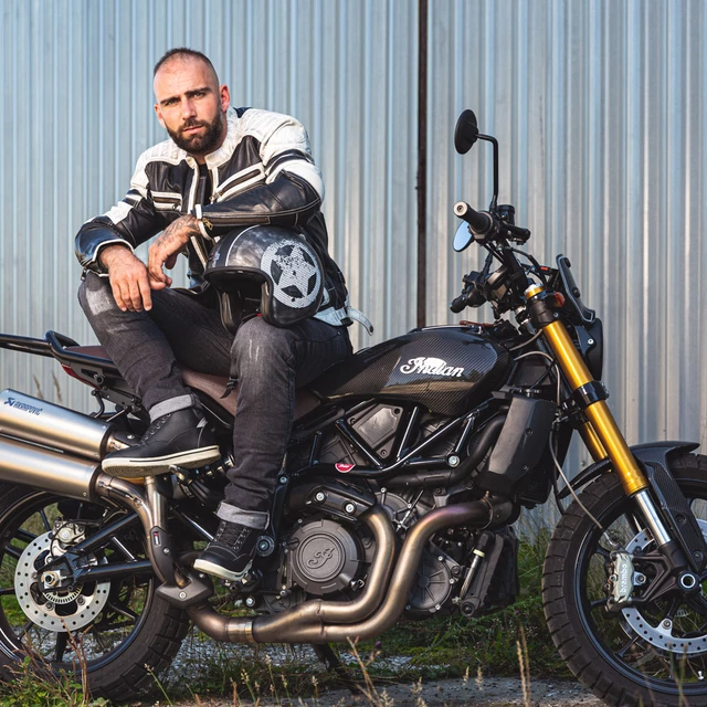 Męska skórzana kurtka motocyklowa W-TEC Esbiker - czarny w beżowe paski
