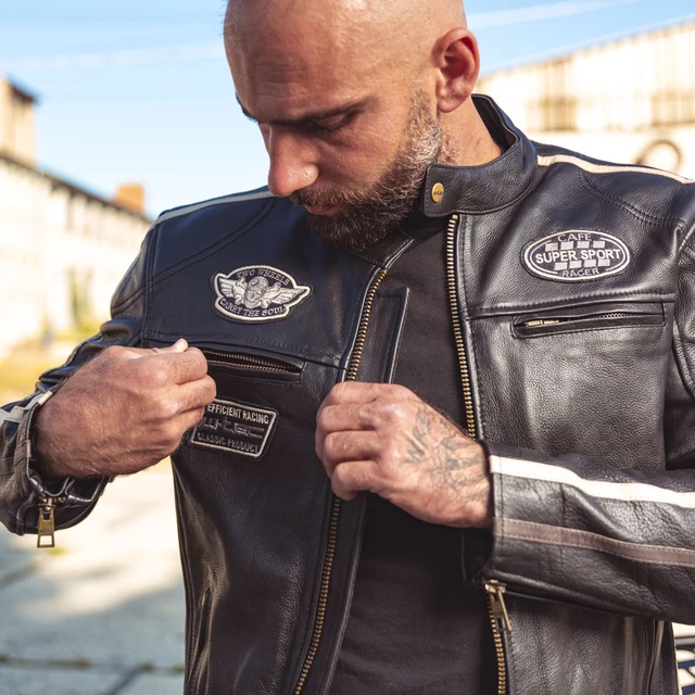 Męska skórzana kurtka motocyklowa W-TEC Makso - czarny z naszywkami