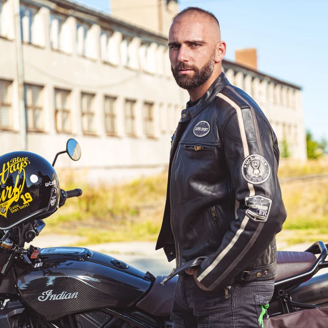 Męska skórzana kurtka motocyklowa W-TEC Makso - czarny z naszywkami