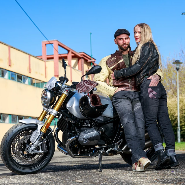 Męska skórzana kurtka motocyklowa W-TEC Retro - czarno-brązowo-beżowy