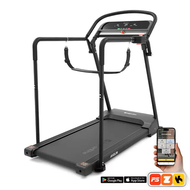 Bieżnia elektryczna rehabilitacyjna inSPORTline Avolin z poręczami do chodzenia ∙ Bluetooth ∙ aplikacje ∙ prędkość 0,3-8 km/h ∙ nośność 150 kg