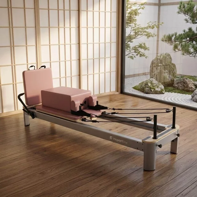 Reformer do pilatesu inSPORTline Oquiler ∙ system sprężynowy ∙ nośność 150 kg ∙ rama aluminiowa ∙ box w zestawie - Różowy