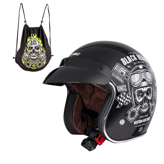 Kask motocyklowy otwarty chopper W-TEC Black Heart Kustom - Skull Horn, matowy czarny - Skull, czarny połysk