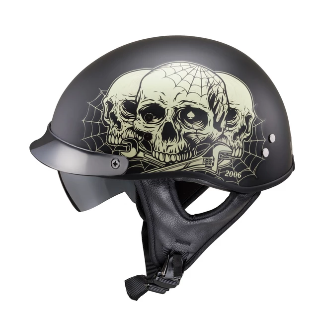 Kask motocyklowy otwarty chopper W-TEC Black Heart Rednut - Pistolet Blazin / Matowa czerń - Czaszki / Matowa czerń