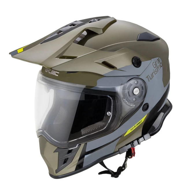 Kask motocross motocyklowy z blendą W-TEC V331 PR Graphic - Czerwono-Szary - Khaki-Szary