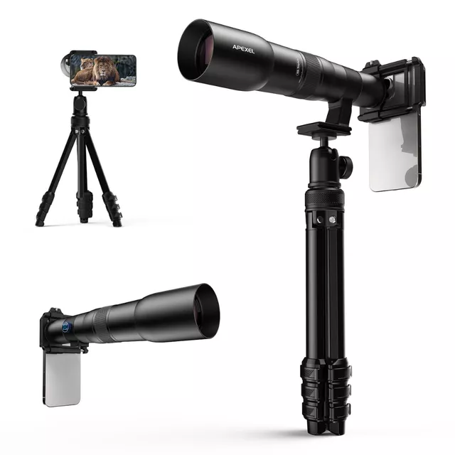 Teleobiektyw do smartfona Apexel ∙ 50x zoom optyczny ∙ adapter do statywu ∙ pilot zdalnego sterowania ∙ kompatybilny z iOS/Android ∙ konstrukcja aluminium/ABS