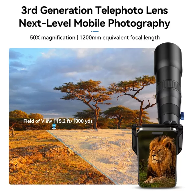 Teleobiektyw do smartfona Apexel ∙ 50x zoom optyczny ∙ adapter do statywu ∙ pilot zdalnego sterowania ∙ kompatybilny z iOS/Android ∙ konstrukcja aluminium/ABS