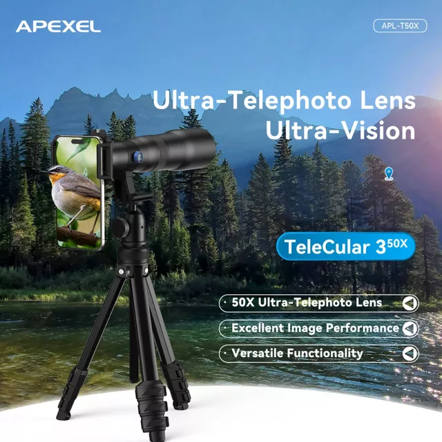 Teleobiektyw do smartfona Apexel ∙ 50x zoom optyczny ∙ adapter do statywu ∙ pilot zdalnego sterowania ∙ kompatybilny z iOS/Android ∙ konstrukcja aluminium/ABS