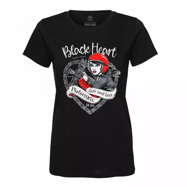 Koszulka damska Black Heart Bike Girl ∙ bawełna ∙ nadruk motocyklowy ∙ krótki rękaw ∙ okrągły dekolt - Czarny