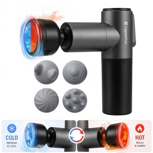 Pistolet do masażu inSPORTline IceBlaze ∙ chłodzenie i ogrzewanie ∙ 5 prędkości ∙ 4 głowice ∙ 2400 mAh ∙ silnik bezszczotkowy