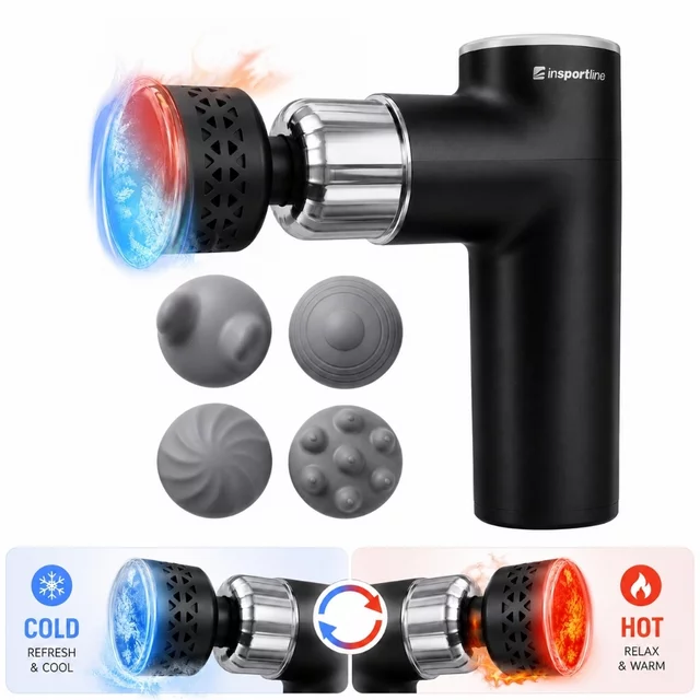 Pistolet do masażu z grzaniem i chłodzeniem inSPORTline ChillFrost ∙ 1800 mAh ∙ 1600-2800 obr./min ∙ 8 poziomów ∙ 4 głowice - Zielony - Czarny
