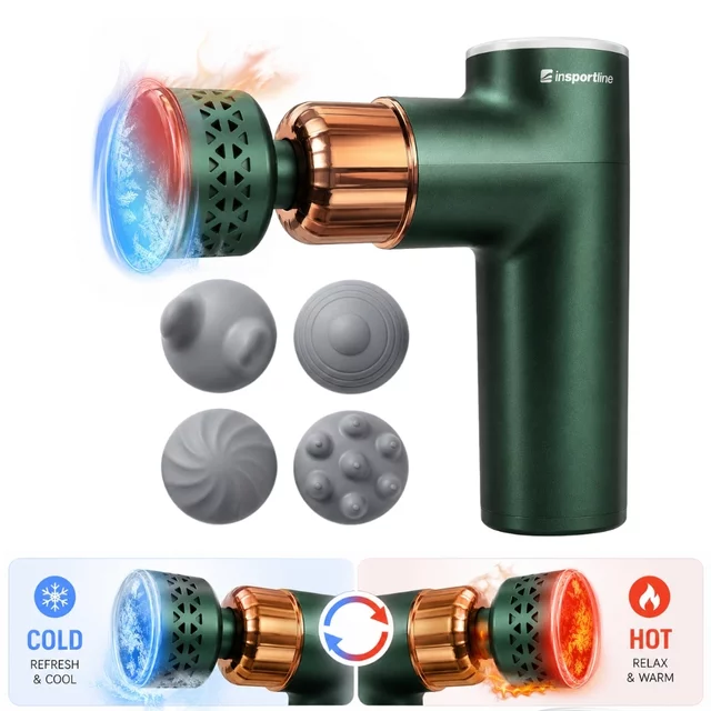 Pistolet do masażu z grzaniem i chłodzeniem inSPORTline ChillFrost ∙ 1800 mAh ∙ 1600-2800 obr./min ∙ 8 poziomów ∙ 4 głowice - Zielony - Zielony
