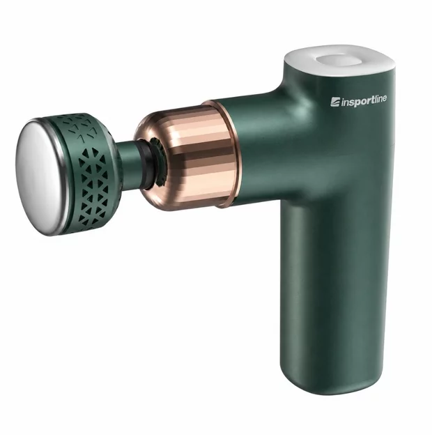 Pistolet do masażu z grzaniem i chłodzeniem inSPORTline ChillFrost ∙ 1800 mAh ∙ 1600-2800 obr./min ∙ 8 poziomów ∙ 4 głowice - Zielony