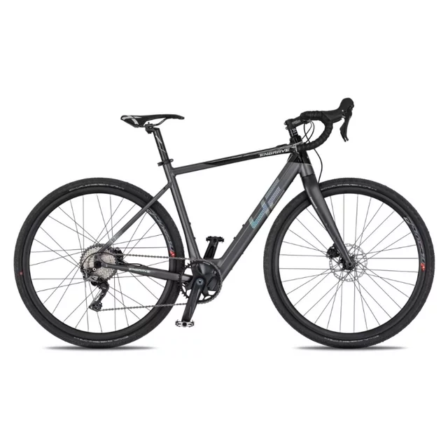 Rower elektryczny gravelowy 4EVER ENGRAVE PRO ∙ osprzęt Shimano GRX ∙ lekka waga 15,3 kg ∙ zasięg do 80 km ∙ karbonowy widelec ∙ gravel - tytan/metal złoto - tytan/hologram