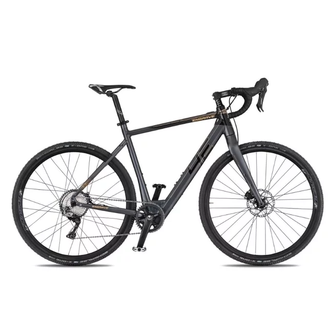 Rower elektryczny gravelowy 4EVER ENGRAVE PRO ∙ osprzęt Shimano GRX ∙ lekka waga 15,3 kg ∙ zasięg do 80 km ∙ karbonowy widelec ∙ gravel - tytan/metal złoto - tytan/metal złoto