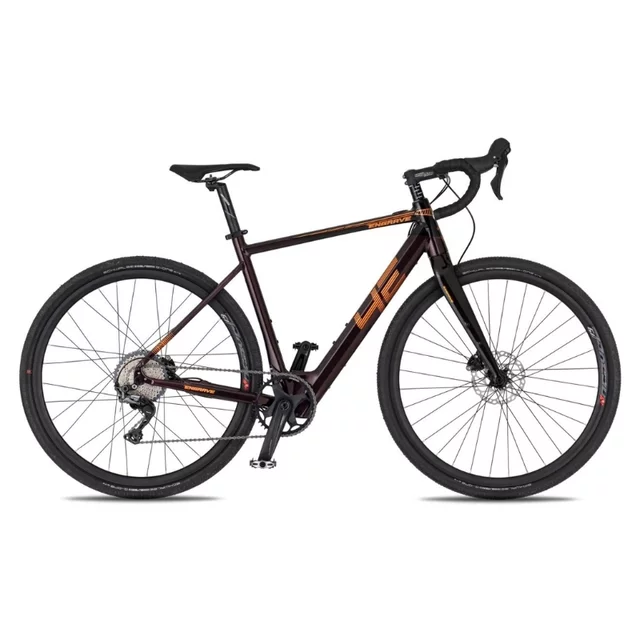 Rower elektryczny gravelowy 4EVER ENGRAVE PRO ∙ osprzęt Shimano GRX ∙ lekka waga 15,3 kg ∙ zasięg do 80 km ∙ karbonowy widelec ∙ gravel - tytan/metal złoto - aksamitny/metaliczny brąz