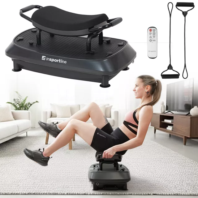 Dwupoziomowa platforma wibracyjna inSPORTline Duonique ∙ 3 wibracje ∙ 30 prędkości ∙ 6 programów ∙ pilot zdalnego sterowania ∙ nośność 100 kg ∙ ekspandery