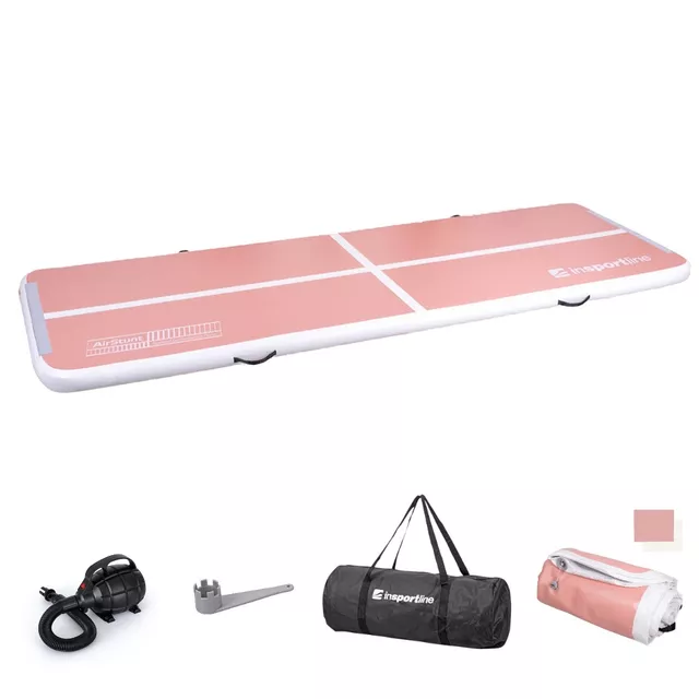Ścieżka akrobatyczna Airtrack inSPORTline Airstunt 400x100x10 cm różowa z pompką elektryczną
