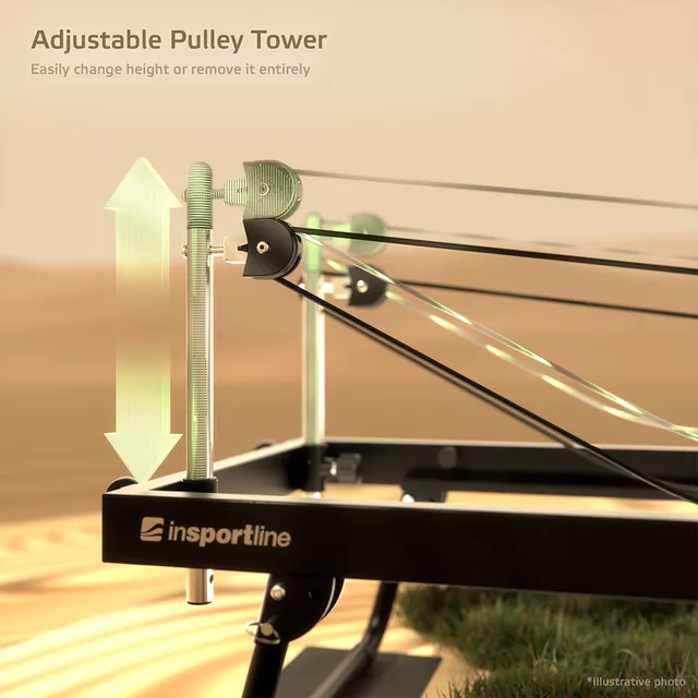 Reformer inSPORTline Auraler do pilatesu ∙ podwójny opór sprężynowy ∙ max wysokość 200 cm ∙ solidna konstrukcja ∙ podłokietniki regulowane ∙ składany